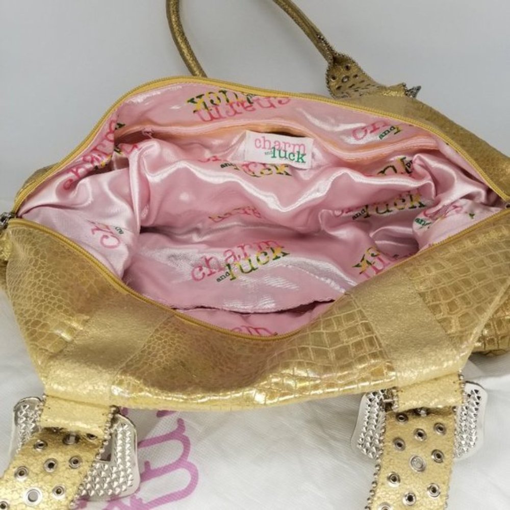 CHARM & LUCK LEATHER GOLD CRYSTAL JEWELED HANDBAG - Picture 2 of 11